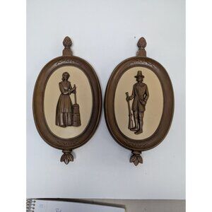 Vintage Syroco Inc 1960s Puritan Man & Woman Pilgrim Wall Plaques 4777B 4777A